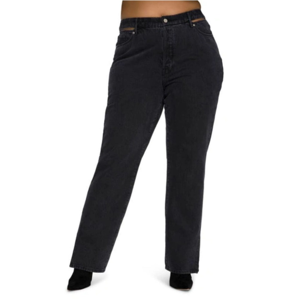 Good American Good Boy Jeans Women 18 Black High Rise Straight Leg Split Hem New